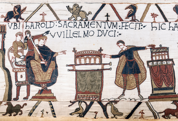 Harold swearing oath on holy relics to William, Duke of Normandy.