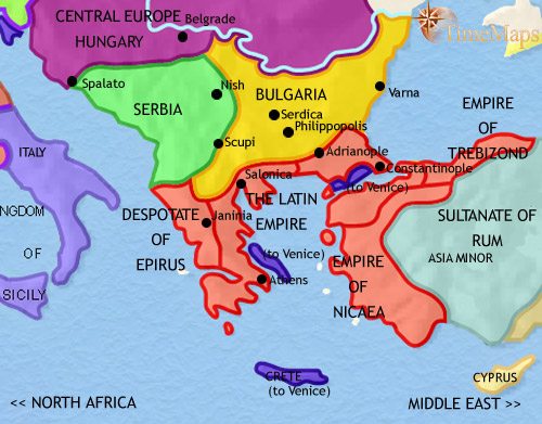 Map of Greece and the Balkans at 1215CE