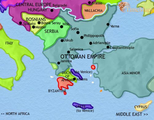 Map of Greece and the Balkans at 1453CE