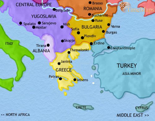 Map of Greece and the Balkans at 1960CE