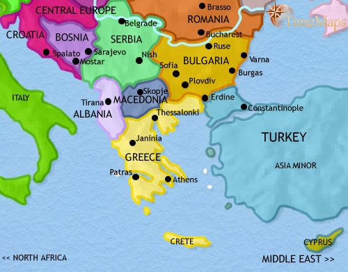 Map of Greece and the Balkans at 2005CE