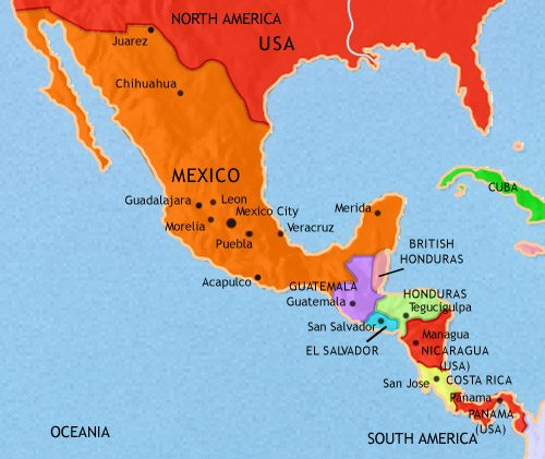 Map of Mexico and Central America at 1914CE