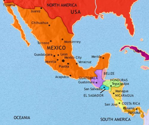 Map of Mexico and Central America at 2005CE