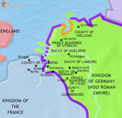 Map of The Low Countries at 1215CE