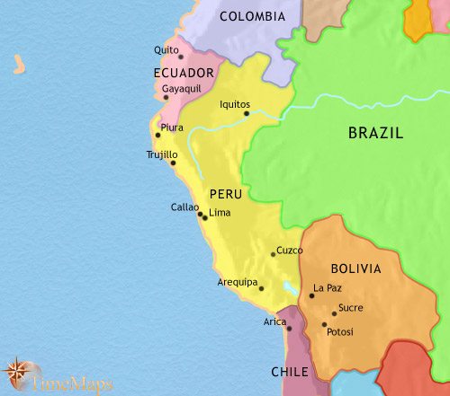 Map of Peru, Ecuador and Bolivia at 1960CE