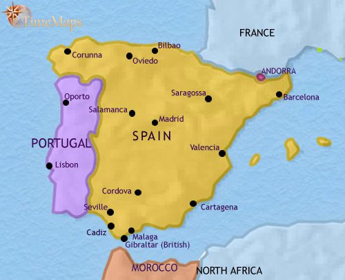 Map of Spain and Portugal at 1960CE