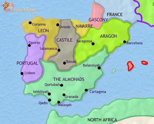 Map of Spain and Portugal at 1215CE
