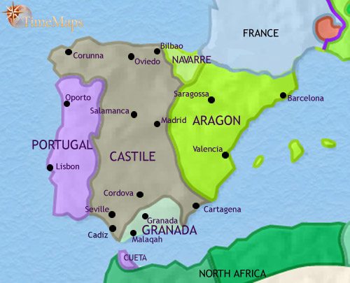 Map of Spain and Portugal at 1453CE