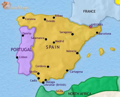 Map of Spain and Portugal at 1837CE