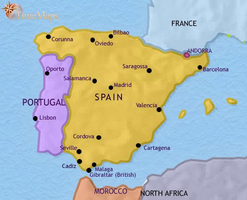 Map of Spain and Portugal at 2005CE