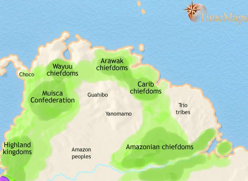 Map of Venezuela, Colombia and the Guianas at 1453CE