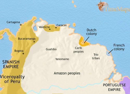 Map of Venezuela, Colombia and the Guianas at 1648CE