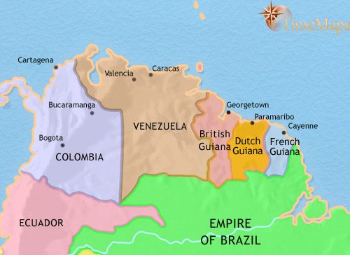 Map of Venezuela, Colombia and the Guianas at 1837CE