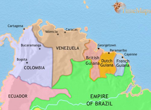 Map of Venezuela, Colombia and the Guianas at 1871CE