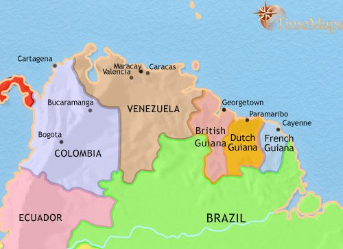 Map of Venezuela, Colombia and the Guianas at 1914CE