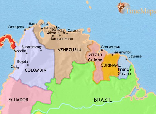 Map of Venezuela, Colombia and the Guianas at 1960CE
