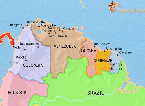Map of Venezuela, Colombia and the Guianas at 2005CE
